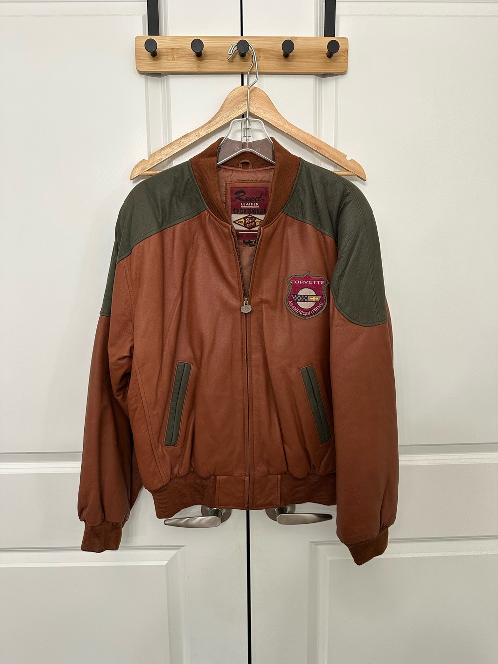 Reed Leather Brown & Olive Corvette Patch Bomber Jacket